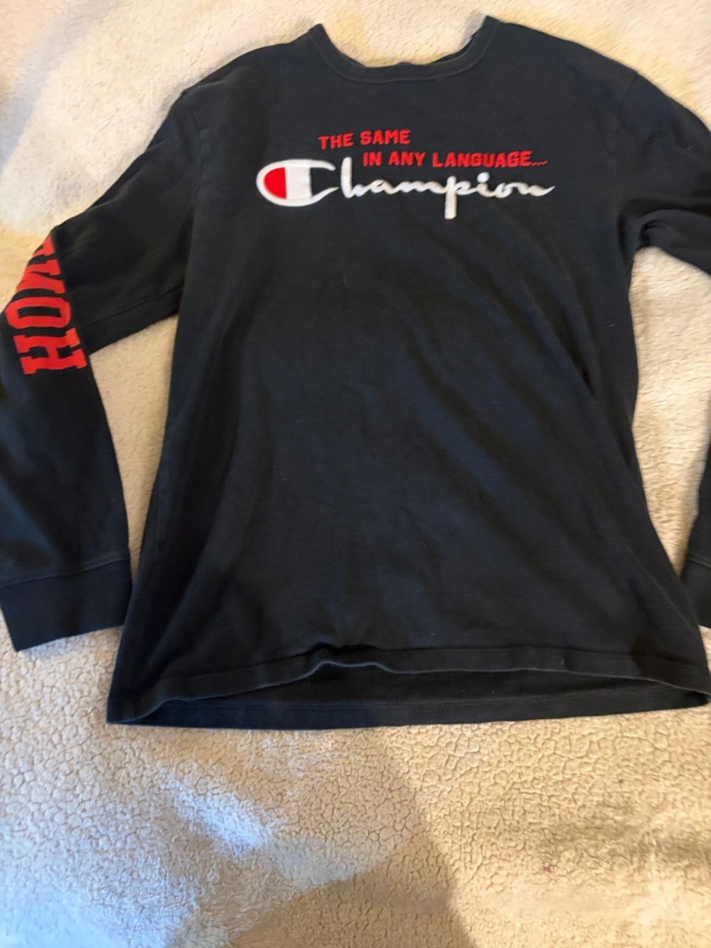 Champion Black Long Sleeve Shirt with Red and White Logo